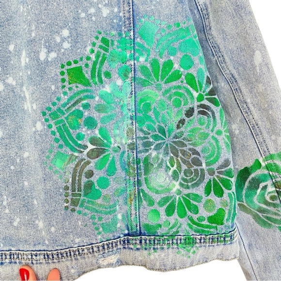 Handmade Jean Jacket Womens Small Denim Floral Mandala Blue Green Gold Upcycled - Picture 11 of 14